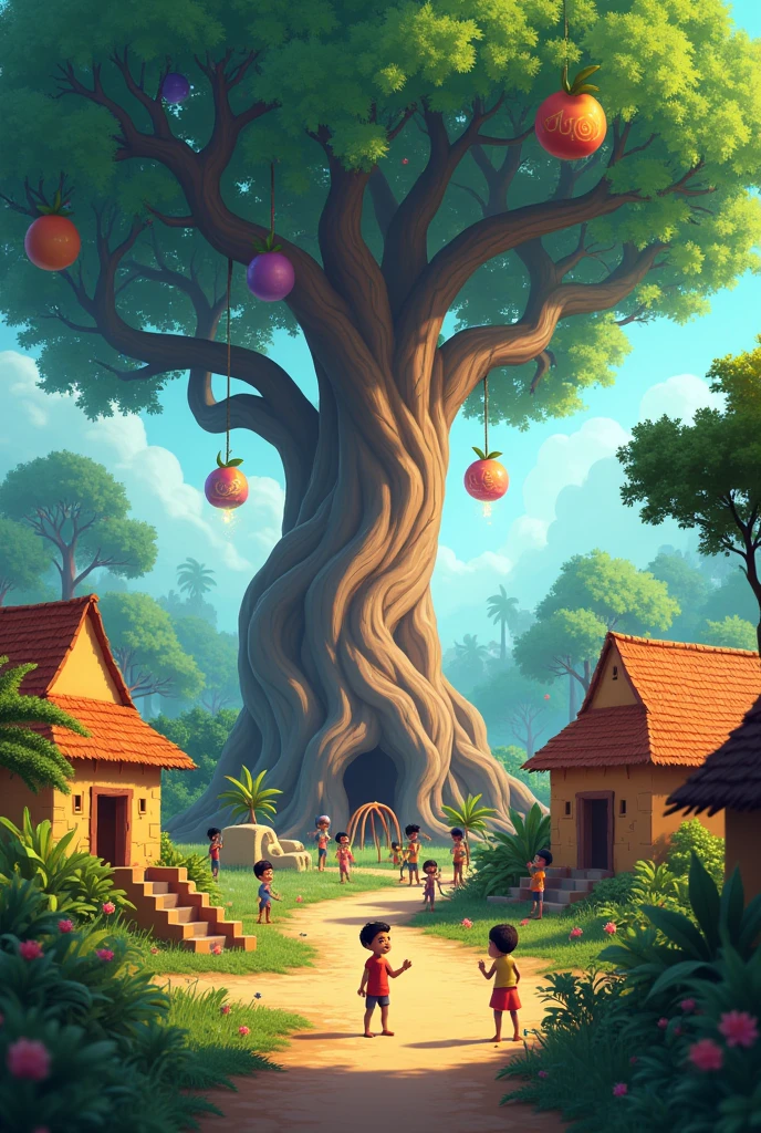 Certainly! Here are seven 3D image prompts based on the story "राहुल और जादुई पेड़":

1. **Rural Village Scene**: A quaint, colorful 3D rendering of a small Indian village with traditional houses, lush greenery, and children playing outside. Include a path leading into the forest.

2. **Mysterious Old Tree**: A majestic, ancient tree with a magical aura around it. The tree should be large and towering, with glowing runes or sparkles to emphasize its magical nature.

3. **Jadui (Magical) Fruit**: A close-up 3D image of a glowing, enchanting fruit hanging from the magical tree. The fruit should have an otherworldly glow and intricate patterns on its surface.

4. **Magic Tree Spirit**: A friendly, ethereal 3D representation of the tree spirit, with a soft, glowing appearance. It should be smiling and radiating a warm light, standing next to the magical tree.

5. **Playground Transformation**: A vibrant 3D scene of a newly created playground filled with colorful swings, slides, and play equipment. The playground should be bustling with happy children playing.

6. **Grateful Villagers**: A 3D rendering of villagers gathered around Rahul, expressing their thanks. The villagers should be depicted with joyful expressions, showing gratitude and admiration.

7. **Rahul's Adventure**: A dynamic 3D image of Rahul discovering the magical tree in the forest. Rahul should be depicted with wide eyes of wonder, reaching out towards the glowing fruit, with the magical tree towering behind him.

These prompts should help in visualizing the enchanting elements of the story in a 3D format.