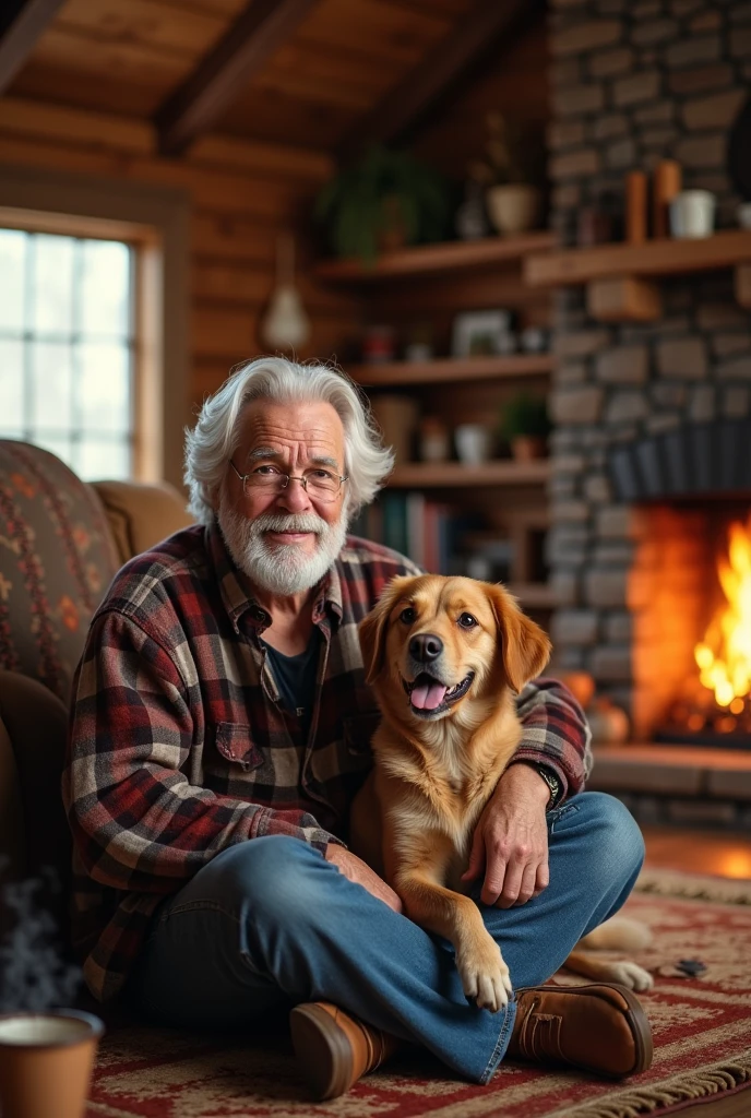 Create a happy old man with a dog in a cabin