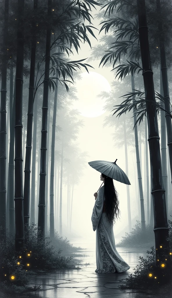 dynamic ink painting of a bamboo grove, black and white,monochrome, great art, great sense of depth, ground level shot, the most beautiful bamboo grove in the world, bamboo leaves shining through rainwater, moon\(pale blue\) with a light overcast, beautiful woman\(ancient Japanese noble, beautiful kimono, beautiful long black hair\) looking up at the moon holding an umbrella, fireflies flying around, bamboo leaves are placed three-dimensionally in the foreground, long shot