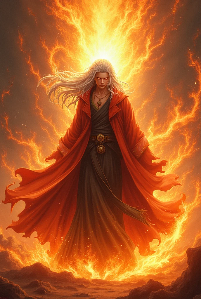 A pic of satrou gojo with fire theme