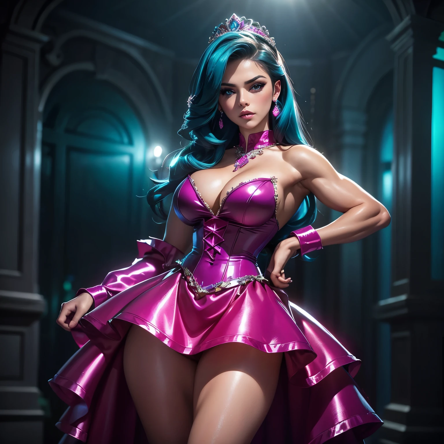 a sexy young female bodybuilder in a quinceanera dress, large breasts, bustier top and mini skirt with cyan and magenta latex high heels, detailed face and eyes, cinematic lighting, dark mysterious background, dramatic pose, photorealistic, 8k, high quality, masterpiece