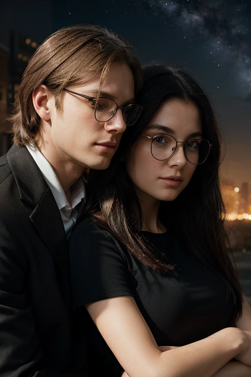 Romance book cover, with the name Flow of time silhouette of a young adult couple Tall blond boy, wears glasses girl has long black hair and she wears glasses Background with universe depicting time