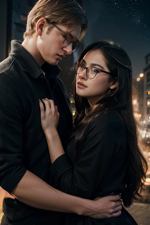 Romance book cover, with the name Flow of time silhouette of a young adult couple Tall blond boy, wears glasses girl has long black hair and she wears glasses Background with universe depicting time