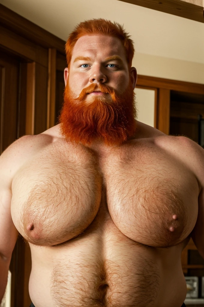 ((best quality)), ((masterpiece)), (detailed), a fat viking with red hair. Giant red beard. He has huge pectorals. They look like giant breasts. He has breasts. Enormous tits. Huge tits. Round and beautiful tits. Bigger tits. His pectorals look like breasts with giant areolas. 