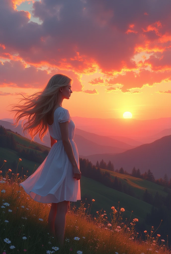 Make a young blonde looking at the sunset