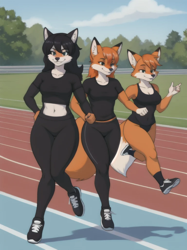 Furry, fox, female, black shirt, black leggings, shoes, running track, friends, full body