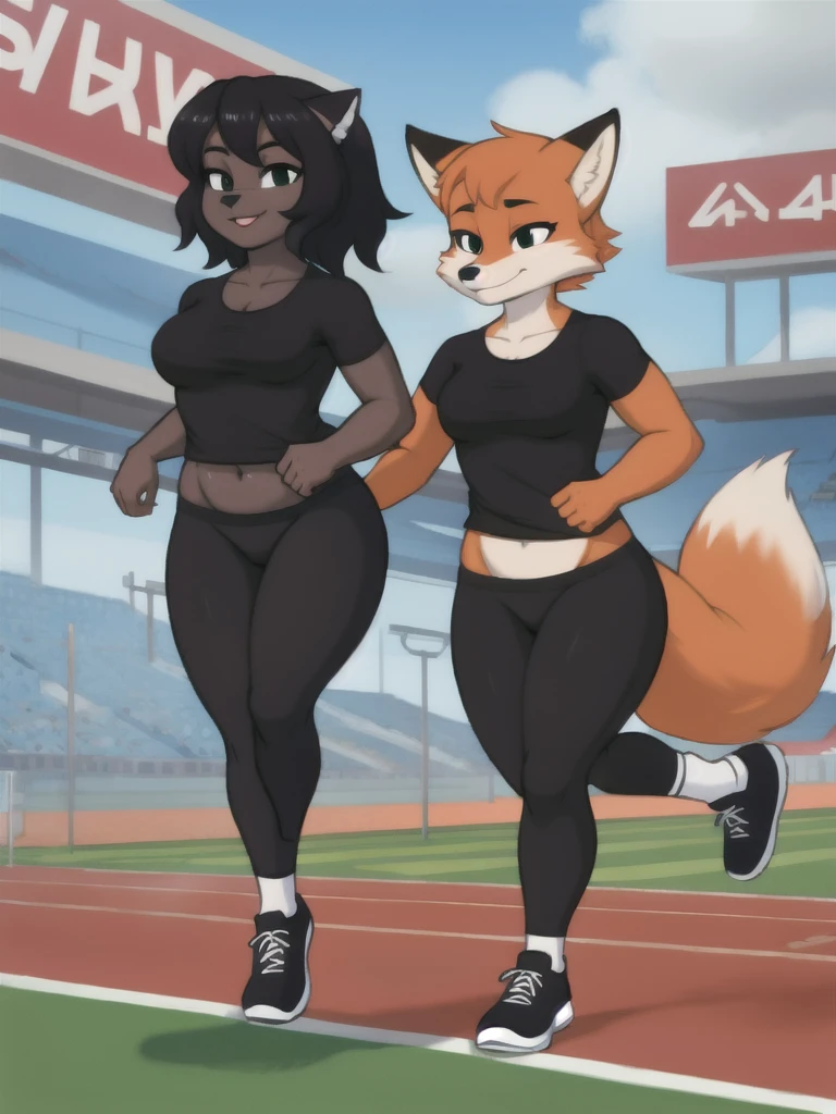 Furry, fox, female, black shirt, black leggings, shoes, running track, friends, full body