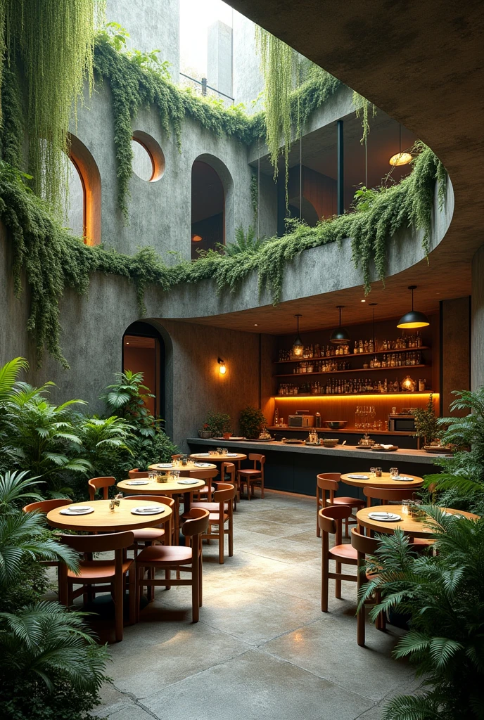 make a brutalist a cozy dining area with a mini kitchen and mini bar with an open space

full of lush, hanging vines and moss

make a lot of different shape

big industrial window

make some windows circle 

add fern

