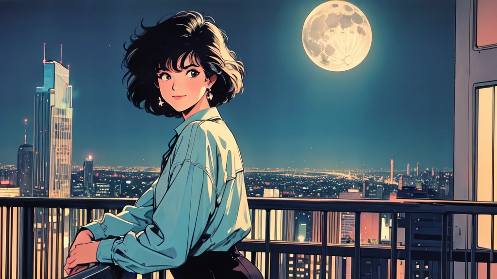 (Masterpiece), 80's, Retro, City Pop, Top Quality, Looking Out From High Rise Apartment Balcony, Night Sky, Cityscape, Viewer, City Lights, Dramatic Light, Calm Face, Smiling, Full Moon