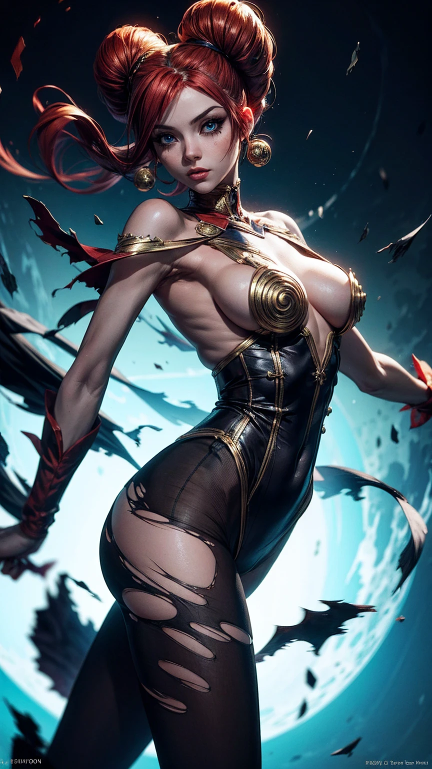 Harle (Chrono Cross), adult woman, slender acrobatic build, (small bust), torn harlequin outfit, torn_high_cut_unitard, torn lacy leggings, torn clothes, fighting poses, full length portrait, (wide angle:1.32), dramatic lighting, cinematic composition, color harmony, ultra-detailed 90s anime style, hyper-detailed, detailed face, beautiful eyes, dimensional vortex in background, 8k, masterpiece, intricate clothing details, no bra, strong_negative