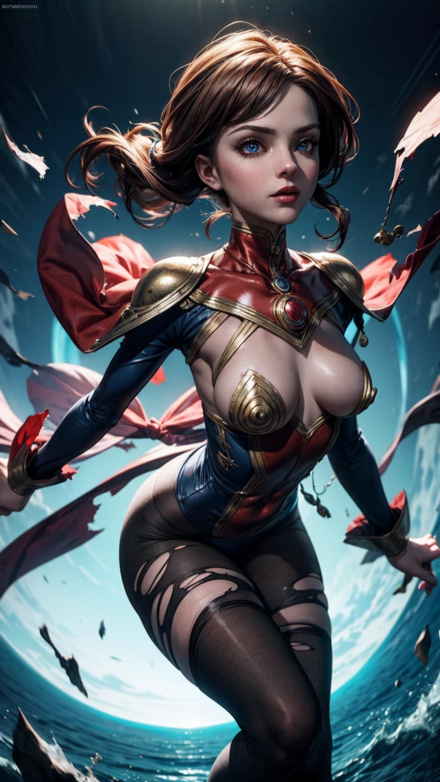 Harle (Chrono Cross), adult woman, slender acrobatic build, (small bust), torn harlequin outfit, torn_high_cut_unitard, torn lacy leggings, torn clothes, fighting poses, full length portrait, (wide angle:1.32), dramatic lighting, cinematic composition, color harmony, ultra-detailed 90s anime style, hyper-detailed, detailed face, beautiful eyes, dimensional vortex in background, 8k, masterpiece, intricate clothing details, no bra, strong_negative
