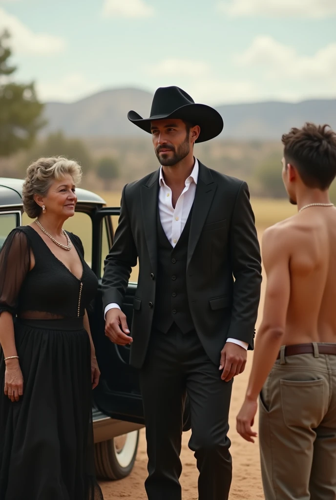 A handsome handsome man in a black dress and a black cowboy hat getting off a car with his gay boyfriend who was shirtless, skinny, white skinned, while his grandparents welcomed him to their ranch. The grandparents had clothes on. 