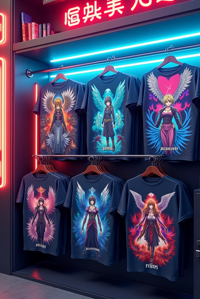 Generates an image of several t-shirts, minimum 4, with different anime designs and give it an aesthetic background with neon lights.