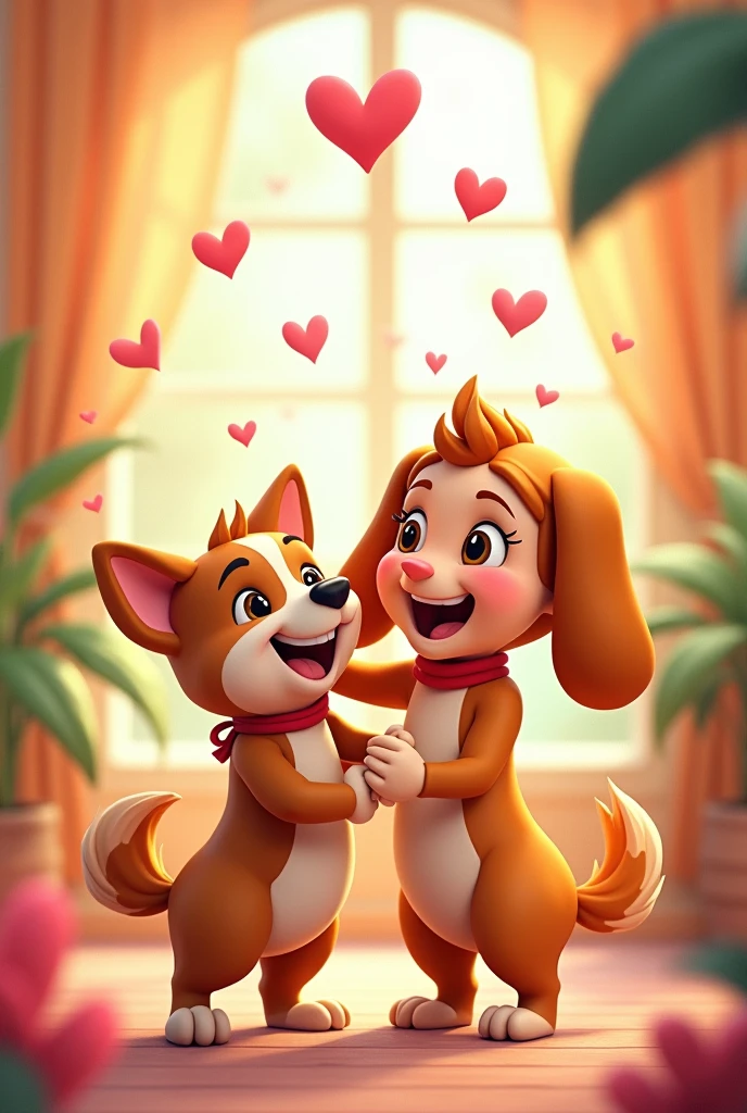 Cartoon dog with his owner and hearts
