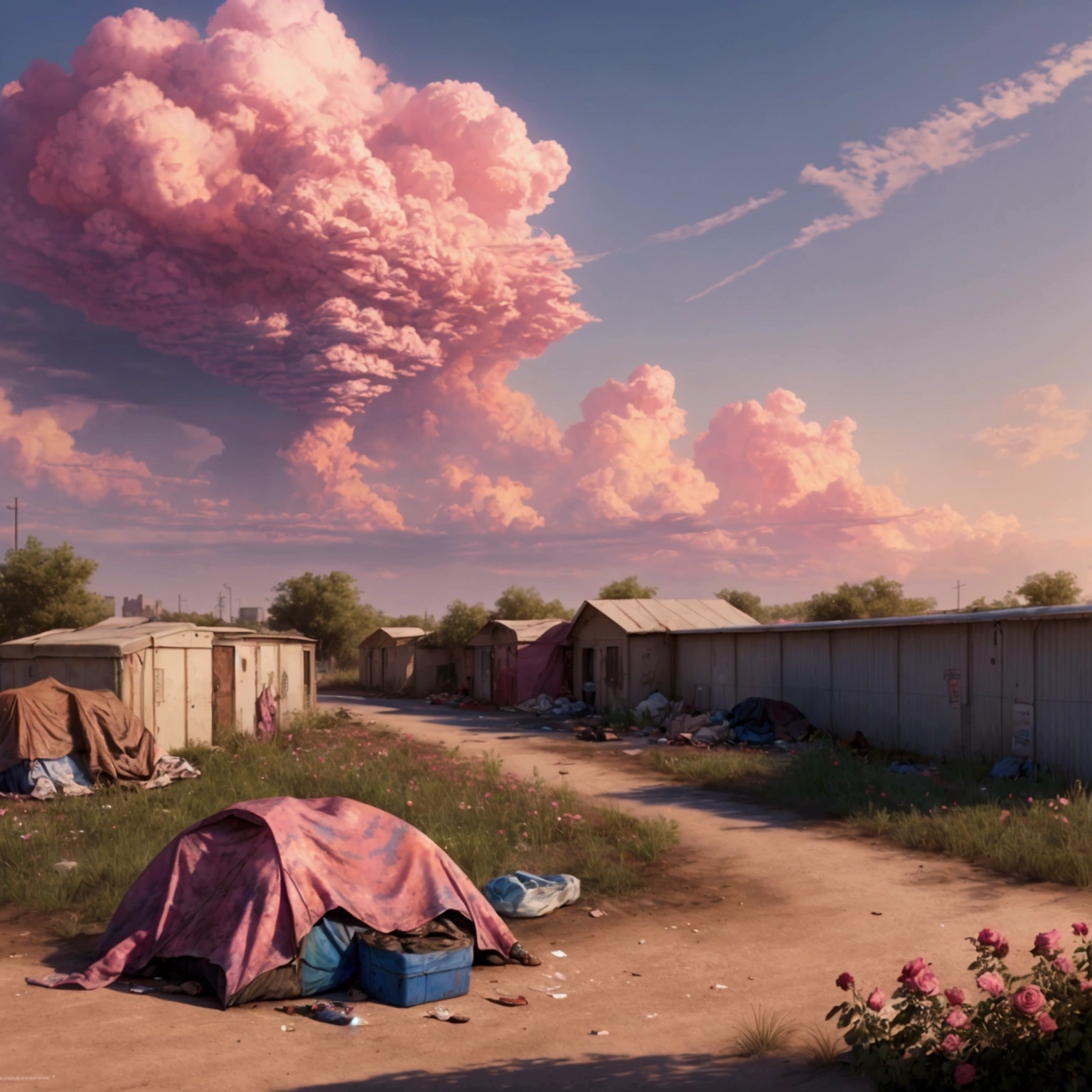 summer, wasteland, ((homeless)), pink clouds, a land covered in roses, James Gurney, art station rendering, ultra-wide angle lens, High definition