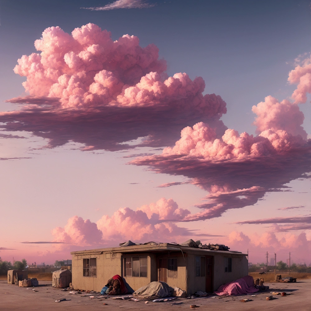 summer, wasteland, ((homeless)), pink clouds, a land covered in roses, James Gurney, art station rendering, ultra-wide angle lens, High definition