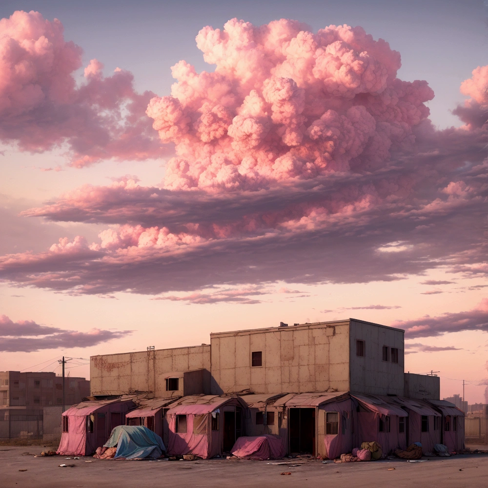 summer, wasteland, ((homeless)), pink clouds, a land covered in roses, James Gurney, art station rendering, ultra-wide angle lens, High definition