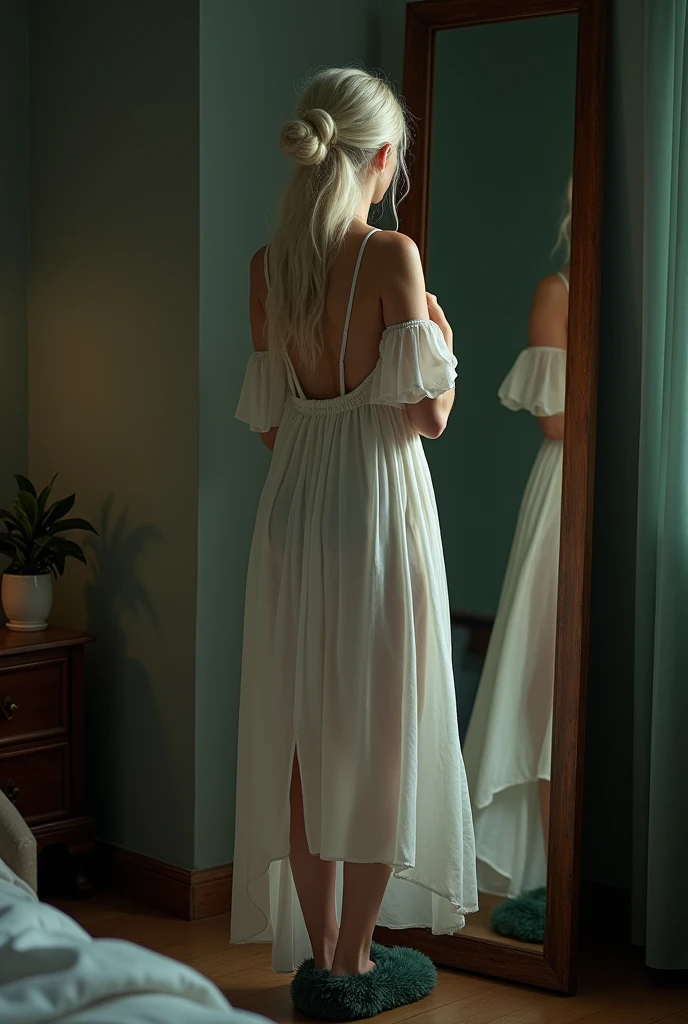 A woman with long white hair tied up,She will wear a white nightgown and a cute, furry green slipper,she will be taking a full body photo in the mirror,it will be night