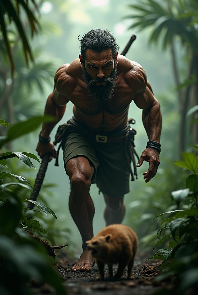 A man with dangerous look killing a animal in jungle 