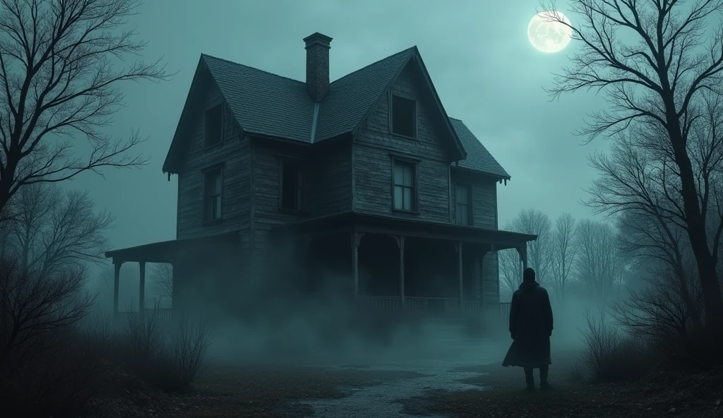 make an illustration of a haunted house , make it dark and spooky with fog and a dark color palette, there is a mysterious and scary being in the corner of the house, almost invisible, make it with an ultra-realistic tone, rich in details