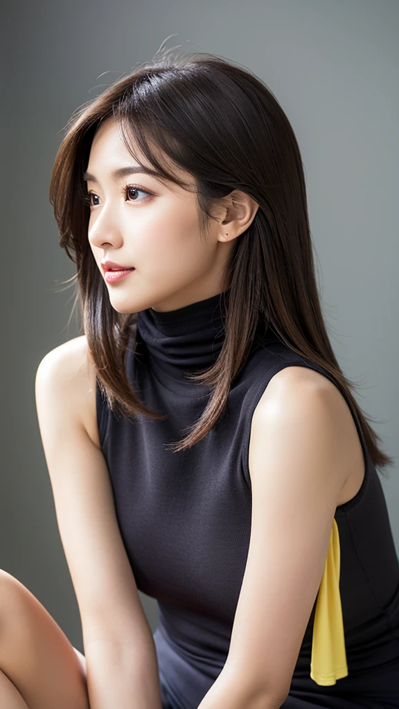 profile,vivid,Large Breasts,((between legs)),cute,(Detailed face),Sleeveless and(turtleneck)white silky clothes,Ultra-high resolution,(Photorealistic:1.7),Gray background,Black long hair,