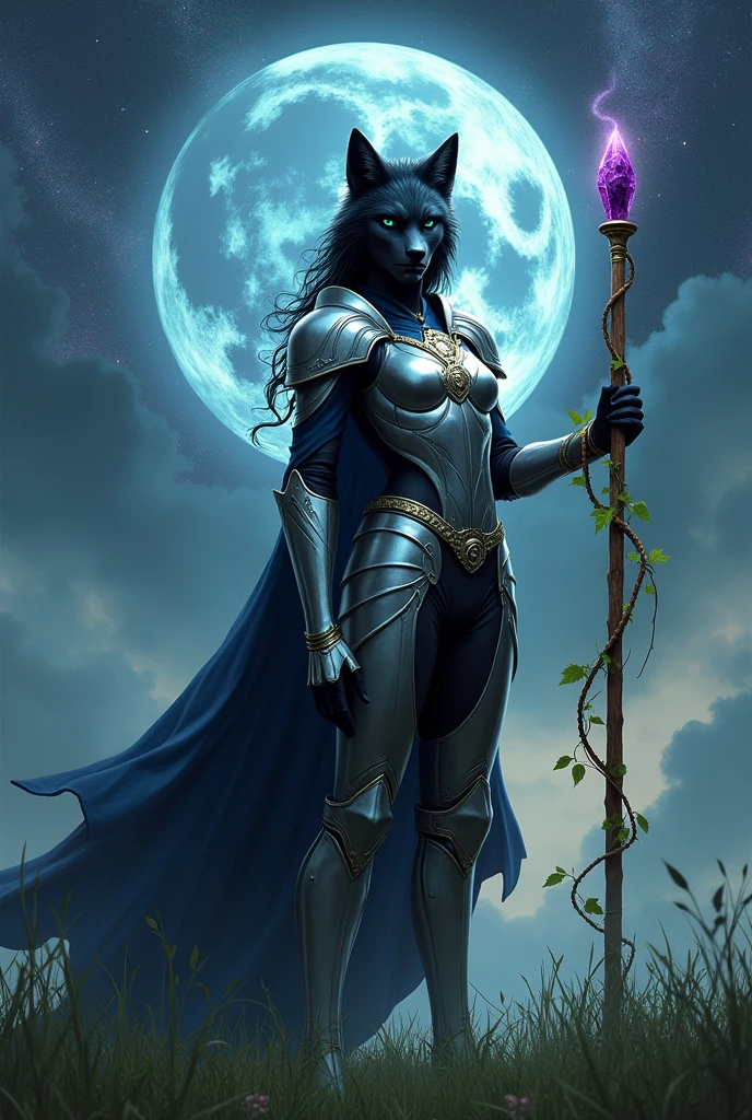 black female werewolf with green eyes wearing a ceremonial navy blue cape and smooth, simple, shiny angelic silver armor. She holds a wooden staff with a vine wrapped around it and a purple crystal at the end.. She is in front of a dimensional portal in an open field., She points her staff at the sky where it is full of stars