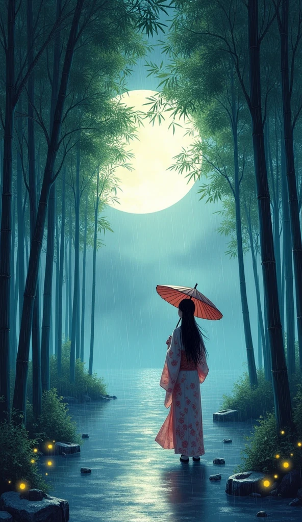 dynamic ink painting of a bamboo grove of japan, great art, great sense of depth, ground level shot, the most beautiful bamboo grove in the world, bamboo leaves shining through rainwater, moon\(pale blue\) with a light overcast, beautiful woman\(ancient Japanese noble, beautiful kimono, beautiful long black hair\) looking up at the moon holding an umbrella,raining softly, fireflies flying around, bamboo leaves are placed three-dimensionally in the foreground, long distance shot,limited color