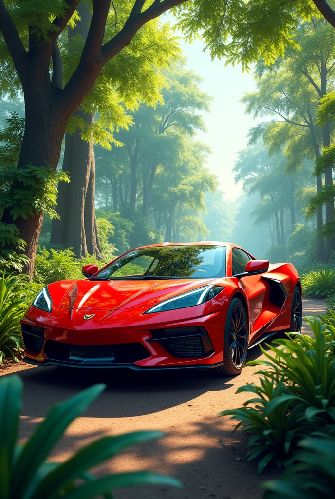 A red car with green tree