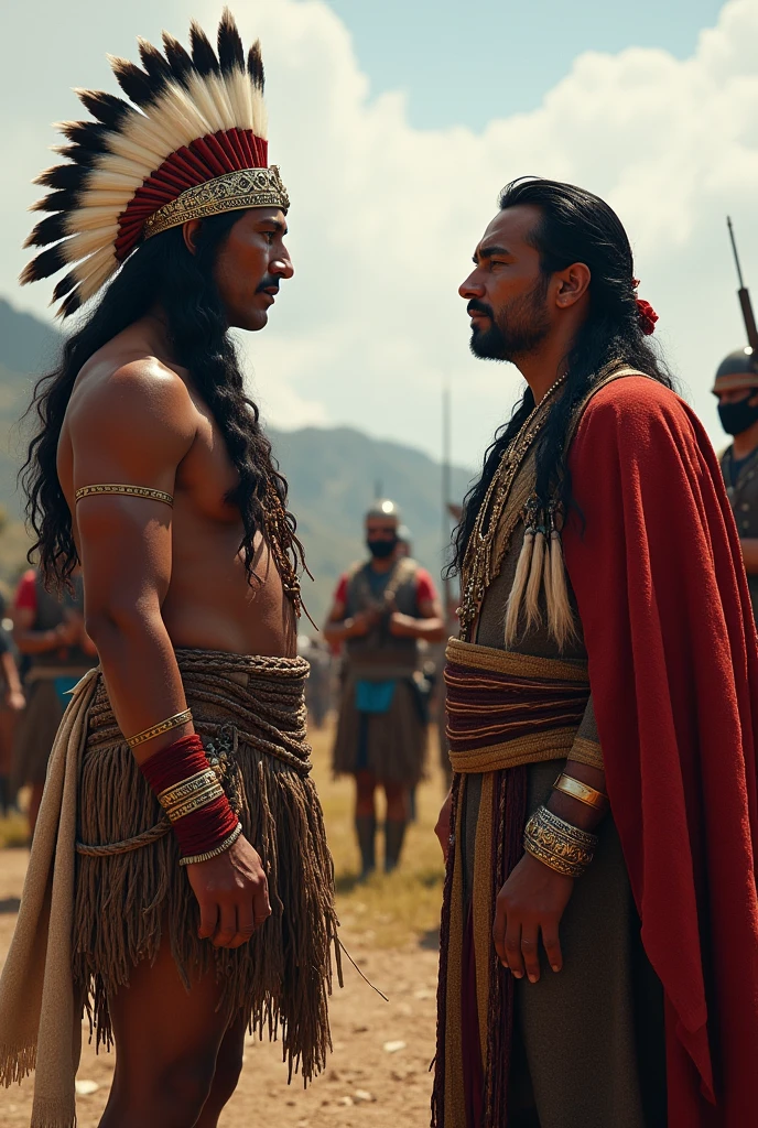 An indigenous leader trying to negotiate with a European leader, but the Europeans were armed and in greater numbers