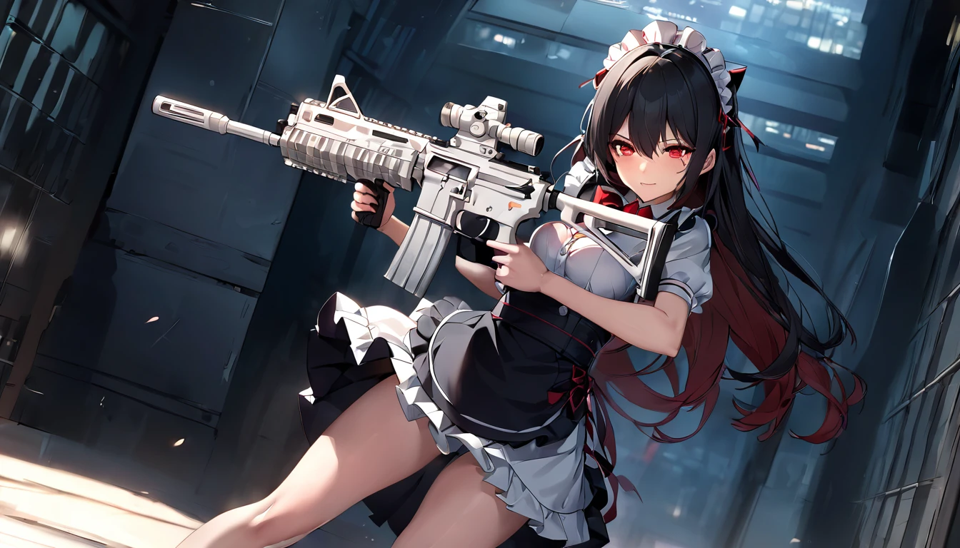 (Perfect Anatomy)、masterpiece、super high quality、 8k、masterpiece、Highest quality、Ultra-high resolution、Maximum resolution、Very detailed、Professional Lighting、anime、Adult female、thin、so beautiful、Very detailedな目、high school girl、Maid clothes、Equipped with an assault rifle、(((Scar L )))、Red Eye、Black Hair、Hangerless Long Gloves、Red glasses、Going into battle alone、(((Assault rifle and take aim))), (((random pose))), One woman