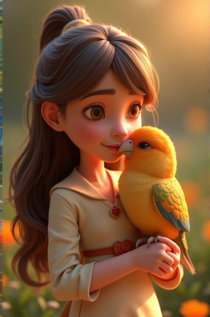 Creates a beautiful maiden, long light brown hair, slightly wavy, medium bangs falling on her face, small almond-shaped brown eyes, elongated face and pointed chin, slightly plump and pink lips, she is kissing pet, her little green and blue bird (realistic, detailed) animation character, stylized character, animation style rendering, 3D stylized, Arnold Maya rendering, stylized 3D rendering, Toon rendering screenshot, 3D character, 3D character, stylized 3D rendering, 3D character rendering, cartoon character cartoon, character in close-up, character pose, (Pixar style) (master part: 1.2) (bokeh) (best quality) (detailed skin) (detailed texture) (8k) (Argilla) (cinematic lighting) (focus sharp