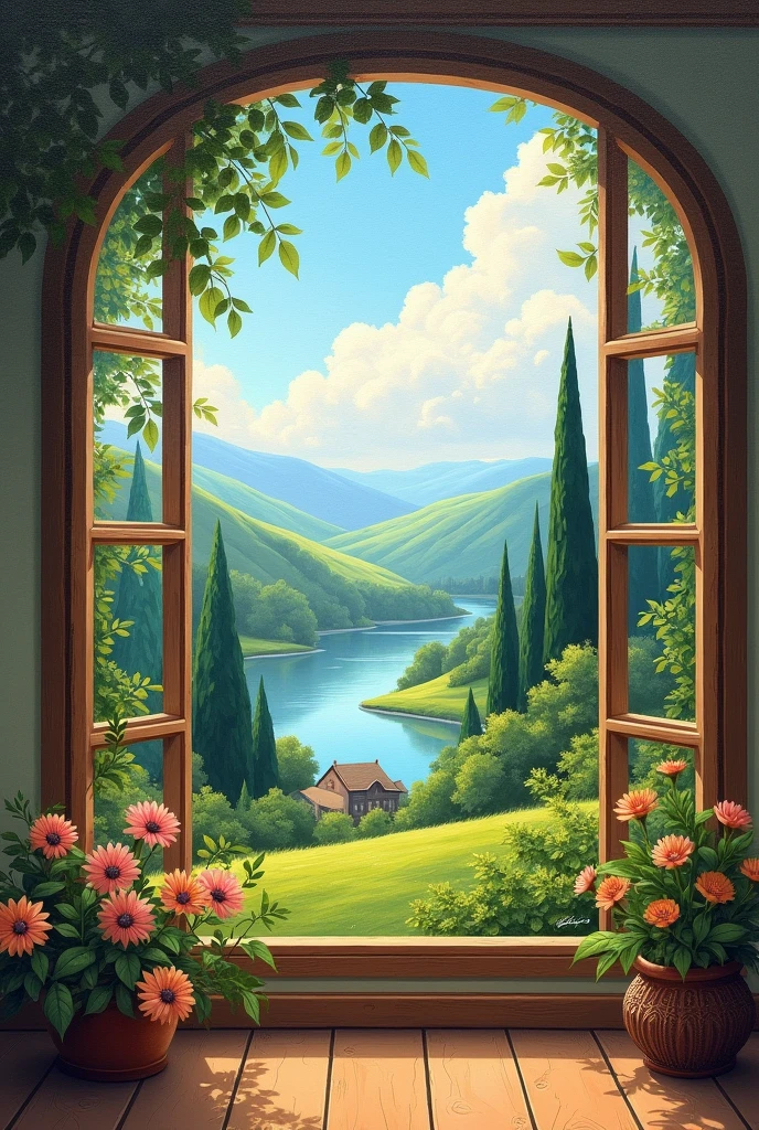 Beautiful outside a window scenery painting 