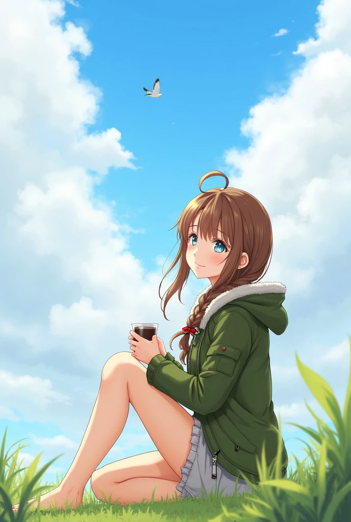 1girl, solo, long hair, blush, smile, blue eyes, brown hair, holding, sitting, jacket, braid, sky, barefoot, cloud, hood, cup, military, hoodie, bird, holding cup, alcohol, mug, green jacket, aircraft, airplane, beer, beer mug, (hair swept bangs:1.3), (long brown hair:1.3), anime style, from girls frontline, fine details. girls frontline, girls frontline universe, girls frontline style, girls frontline, girls frontline cg, 2 0 2 2 anime style, 2022 anime style, pixiv contest winner, concept art 2022,