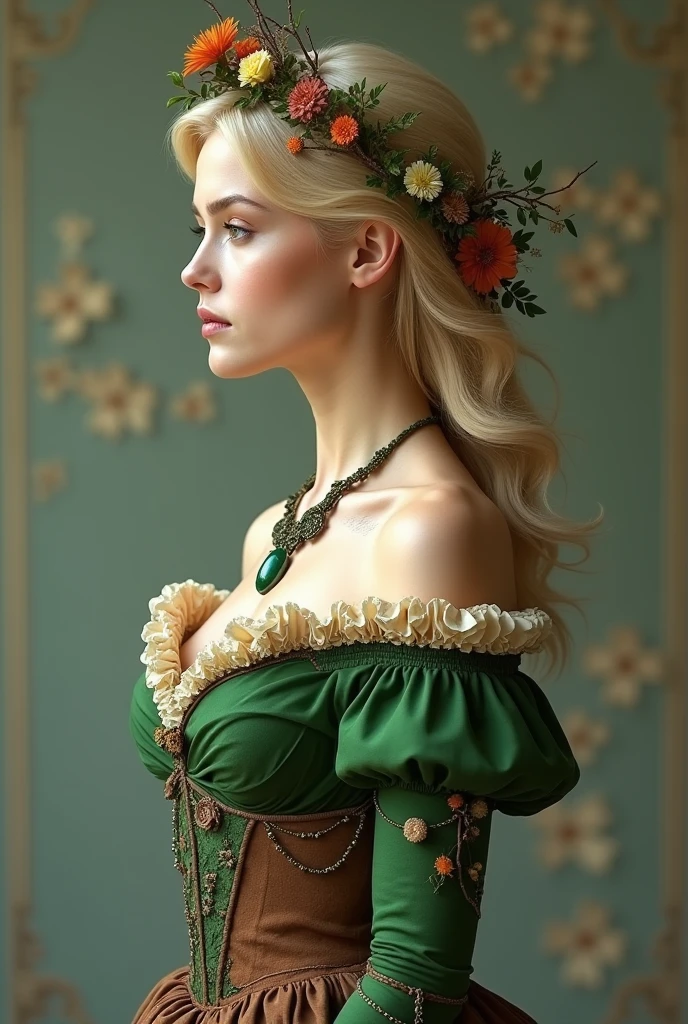 (photorealism:1.2), Beautiful blonde woman in profile with a Victorian style dress, green on top and brown on the bottom, with beautiful flowers on top and vines around the body, a jade green necklace and a crown of beautiful flowers and thorns, with makeup inspired by nature