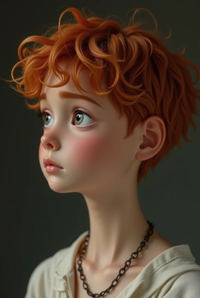 young man of fourteen years. Her skin is soft and looks like porcelain. His face is angelic. his eyebrows aligned. thick lips. straight nose. big gray eyes. Her hair is short and wavy, a deep orange color. Wear linen and silk fabrics. He looks to the side, profile view. His look is sad, because he will soon be sold as a slave.
