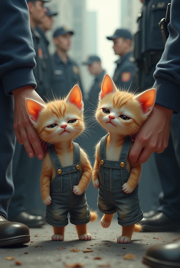 Kittens are separated by the police, being taken in different directions. Each of them wears simple, dirty clothes., with sad and desperate expressions as they are pulled away from each other."
