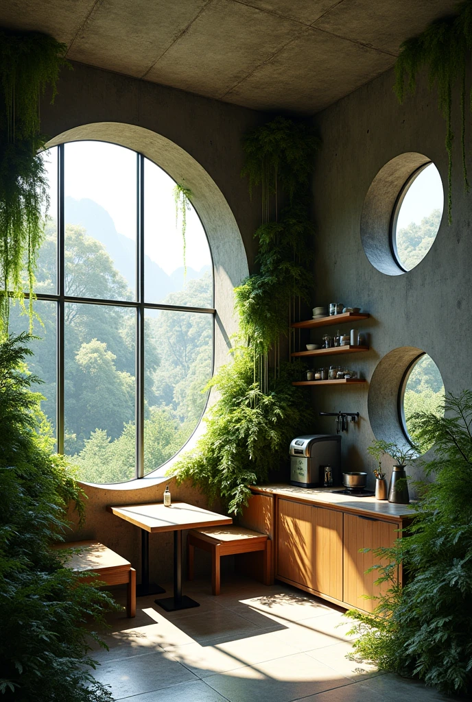 make a brutalist a cozy dining area with a mini kitchen and mini bar with an open space
full of lush, hanging vines and moss
make a lot of different shape
big industrial window
make some windows circle
add fern
make the table for only one person