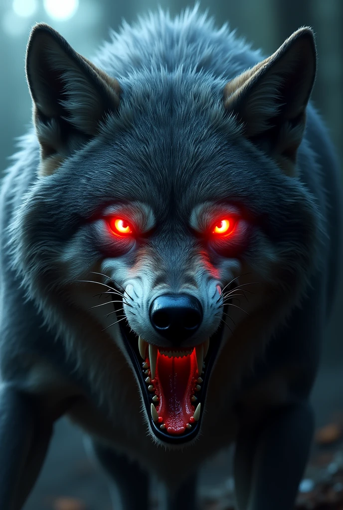 Wolf scary face with red eyes and talk