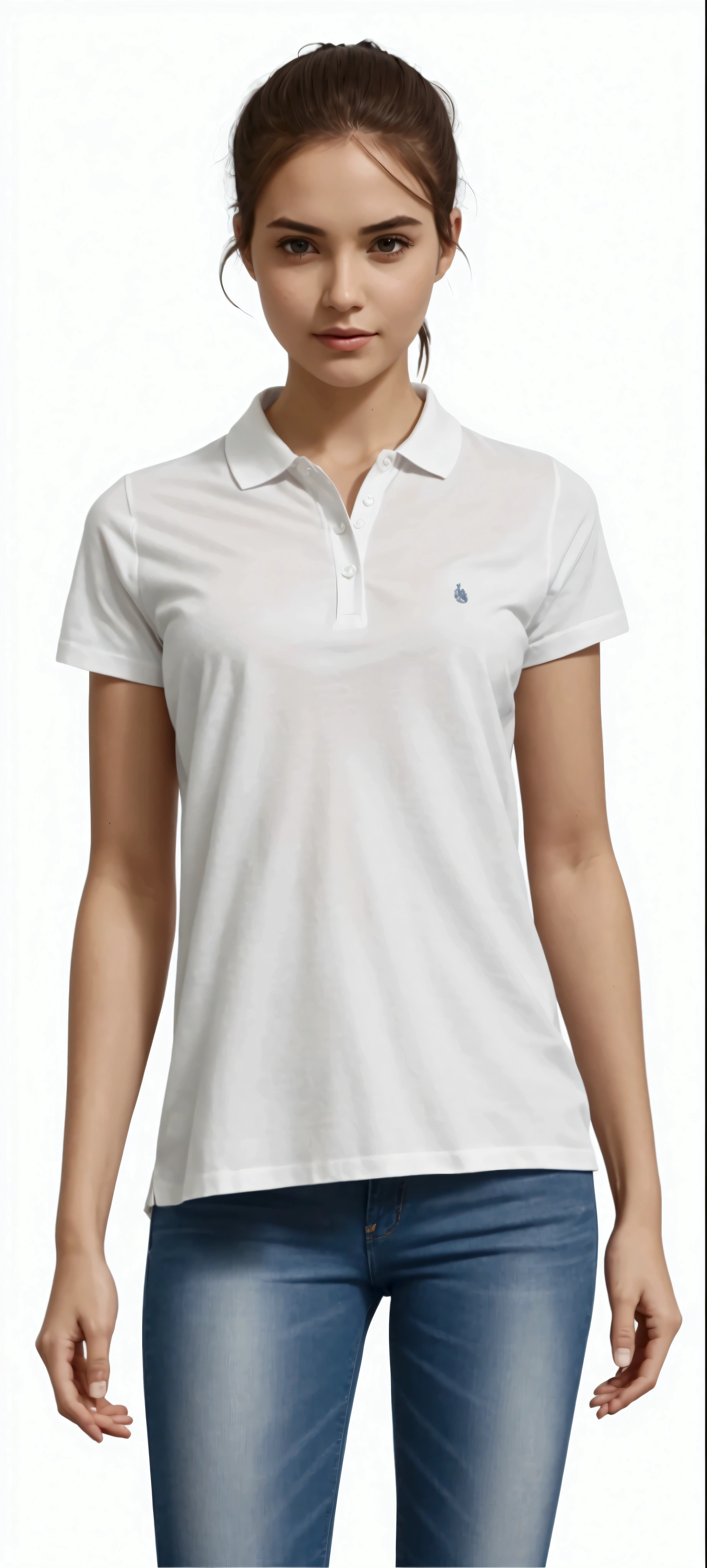 a woman whith horas tail in a white shirt and jeans posing for a picture, wearing polo shirt, plain white tshirt, collared shirt, white uniform, white tshirt, wearing white shirt, wearing a white shirt, casual white garment, short sleeves, academic clothing, white shirts, white clothing, white shirt, fine white shirt, white t-shirt, white t - shirt, school uniform
