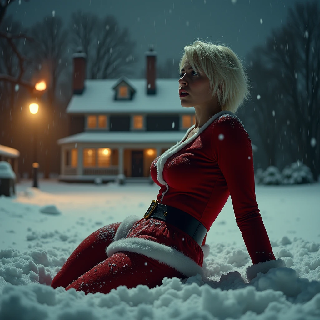 Is 1932 , We see her one hundred percent from behind, , comic book style , In a second frame on the side we see her facing forward with a very painful face (comic book style). the chimney on the roof of the house throwing fire is in the background , We see her one hundred percent from behind, she looks to the side. Her clothes are extremely tight , her head and body are perfectly proportioned. , A stunning high-definition cinematic image of a Lara Turner -esque girl, she platinum blonde short hair of 20 years old . She has on a complete Santa Claus suit with hat and everything , in the courtyard of a grand country house at night. She is on all fours, buried in snow, with only her head and her curvaceous butt visible. a large hole with charred edges in her pants exposes her buttocks, and smoke billows from the affected area. Her eyes widen in astonishment and pain, her mouth forming a perfect "O" in a classic slapstick comedy scene. The background is shrouded in darkness, with snow falling gently and highlighting the girl's striking features and her stunning, voluptuous figure., cinematic