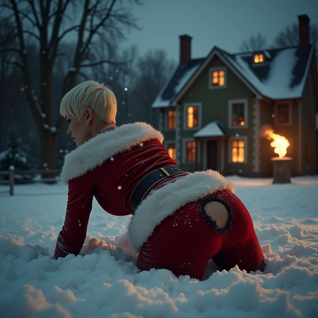 In a second frame on the side we see her facing forward with a very painful face (comic book style). the chimney on the roof of the house throwing fire is in the background , We see her one hundred percent from behind, she looks to the side. Her clothes are extremely tight , her head and body are perfectly proportioned. , A stunning high-definition cinematic image of a Lara Turner -esque girl, she platinum blonde short hair of 20 years old . She has on a complete Santa Claus suit with hat and everything , in the courtyard of a grand country house at night. She is on all fours, buried in snow, with only her head and her curvaceous butt visible. a large hole with charred edges in her pants exposes her buttocks, and smoke billows from the affected area. Her eyes widen in astonishment and pain, her mouth forming a perfect "O" in a classic slapstick comedy scene. The background is shrouded in darkness, with snow falling gently and highlighting the girl's striking features and her stunning, voluptuous figure., cinematic