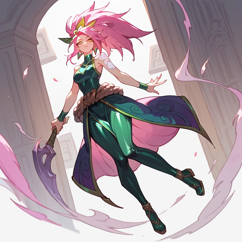 score_9, score_8_up, score_7_up, akali (league of legends), 1girl, yellow eyes, pink hair, sexy, full body, squinty eyes, earrings, light pink hair, long eyelashes, latex dress, big bust