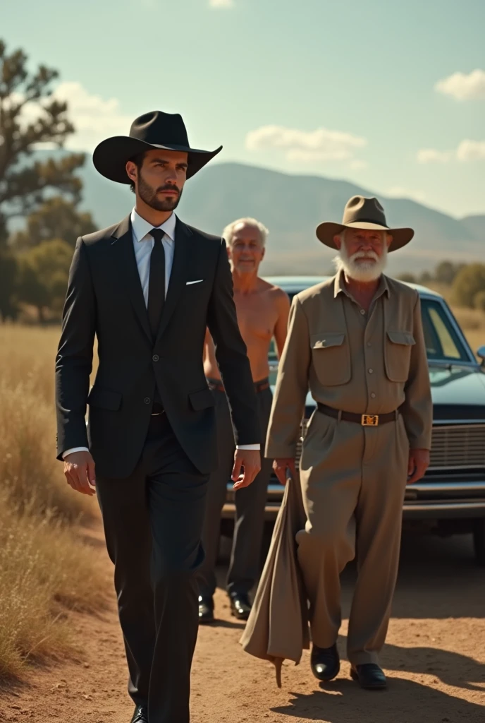 A handsome handsome man in a black dress and a black cowboy hat getting off a car with his cute younger brother who was shirtless, skinny, white skinned while his grandparents welcomed him to their ranch. The grandfather had clothes on.