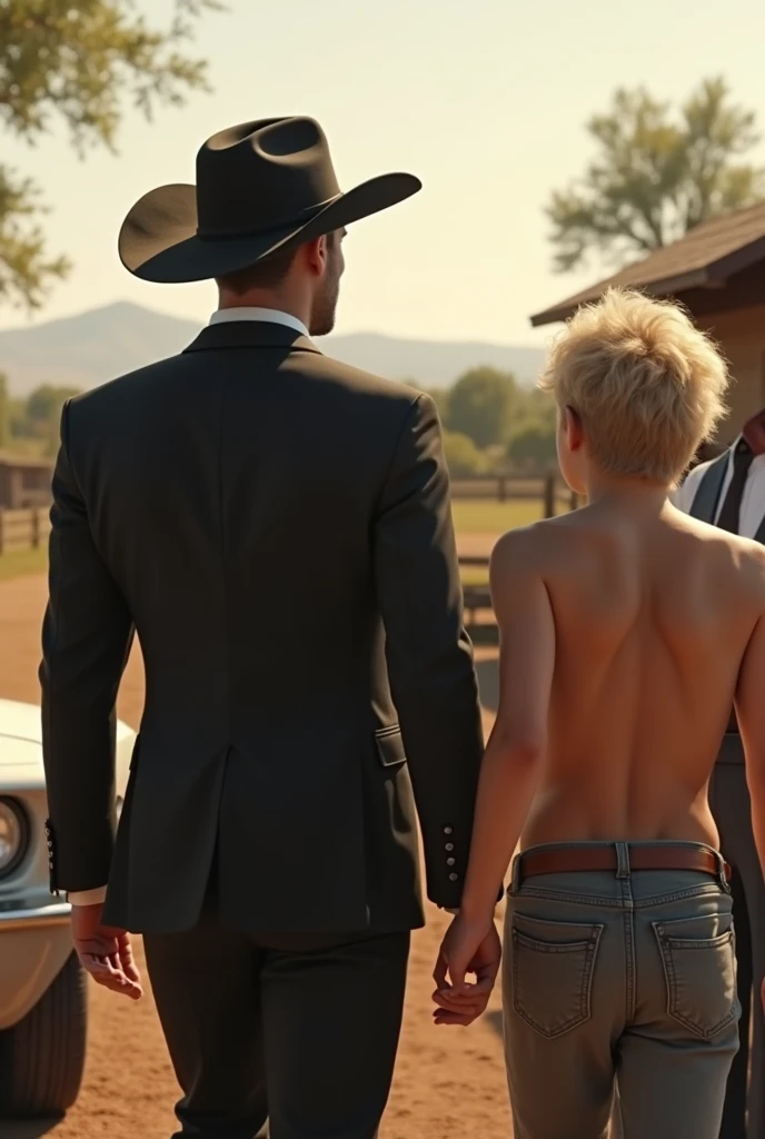 A handsome handsome man in a black dress and a black cowboy hat getting off a car with his cute younger brother who was shirtless, skinny, white skinned while his grandparents welcomed him to their ranch. The grandfather had clothes on.