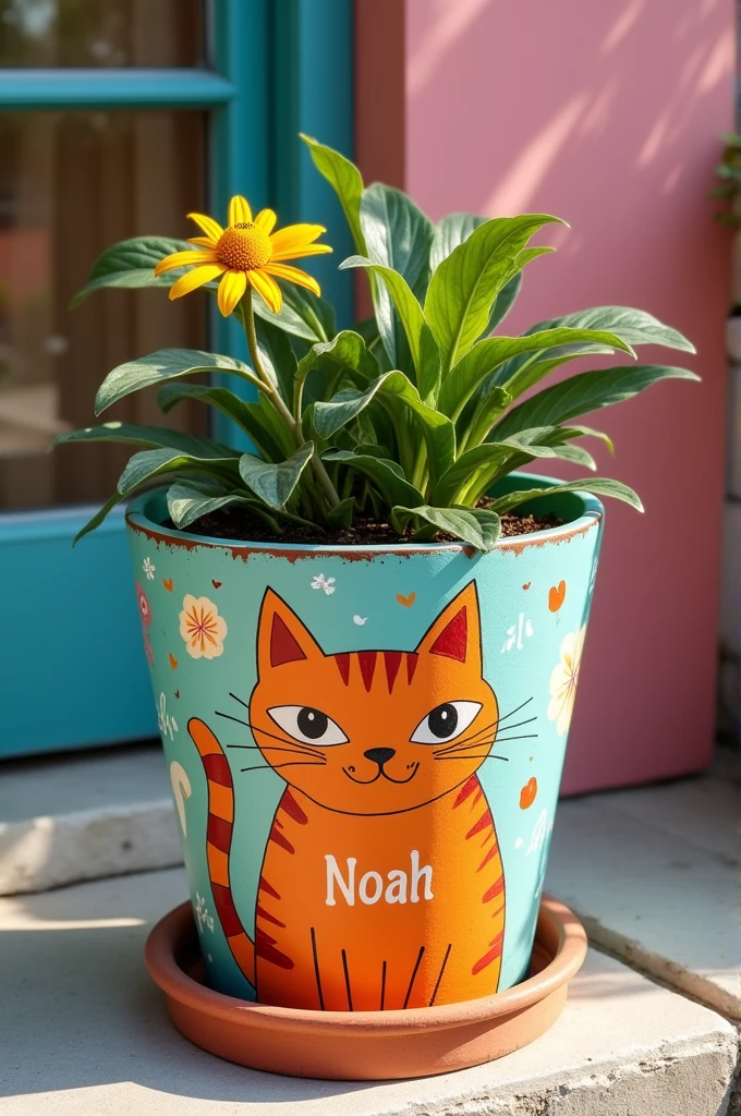 Large flowerpot with an orange cat painted on it, the name noah and that contains the colors pink and blue 