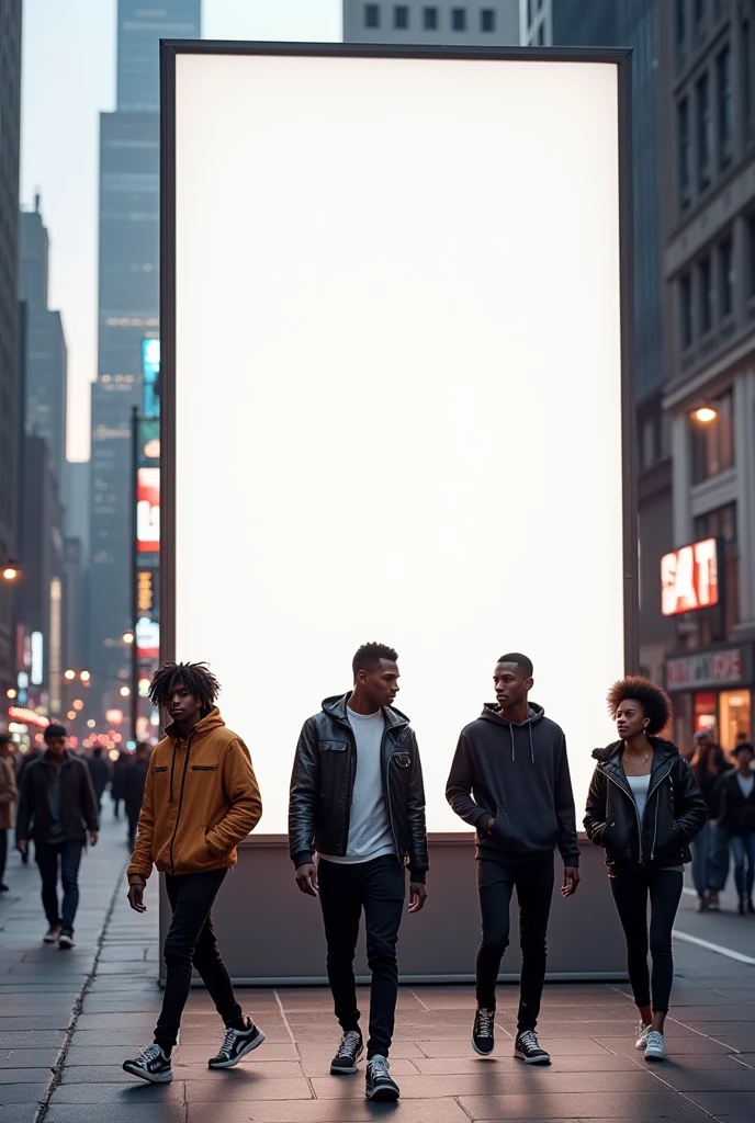 create a blank billboard with people walking on the street and all with streetwear style