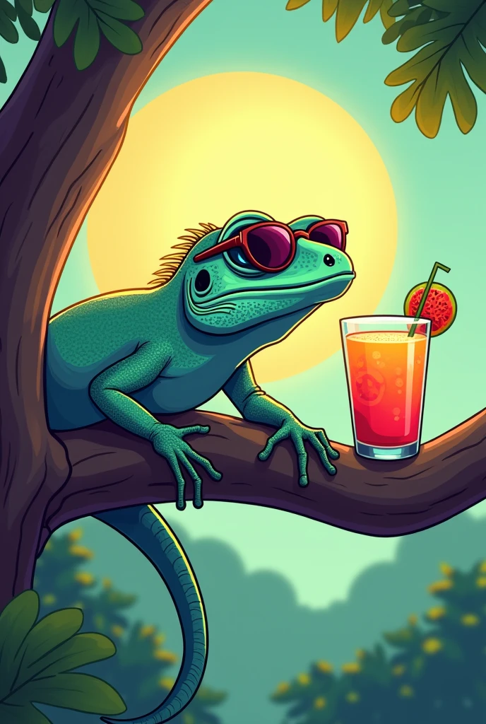 a lizard relaxing having a refreshing drink and sunbathing leaning on a tree branch with sunglasses, designed logo style