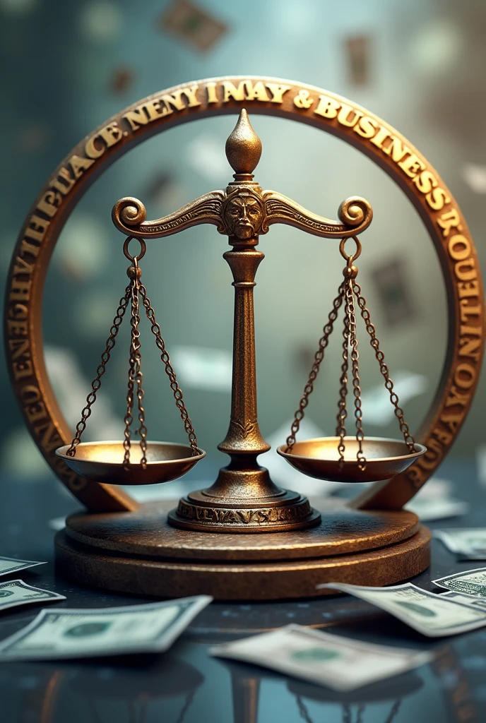 create a round image or logo with a legal theme that contains the words &quot;Economic Law&quot; & Business” with a fairly large size with a realistic animation style and a frontal view of the image and added elements of images of money and legal scales