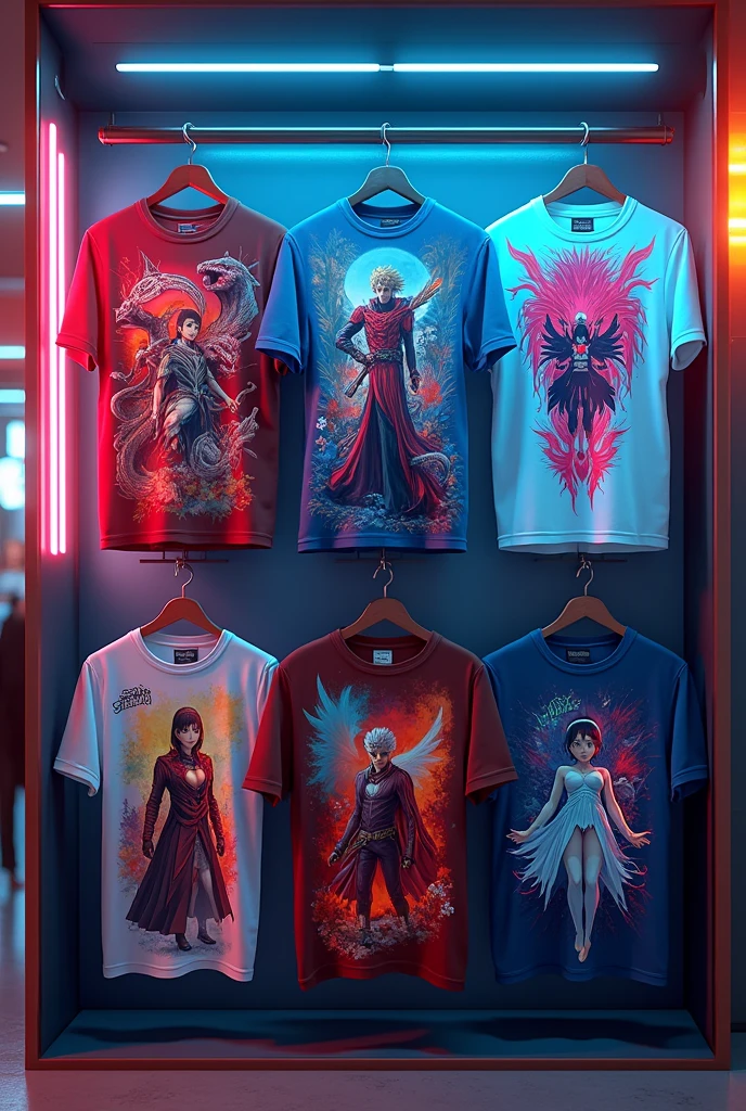 Generates an image of several t-shirts, minimum 4,  with different anime designs and give it an aesthetic background with neon lights. 