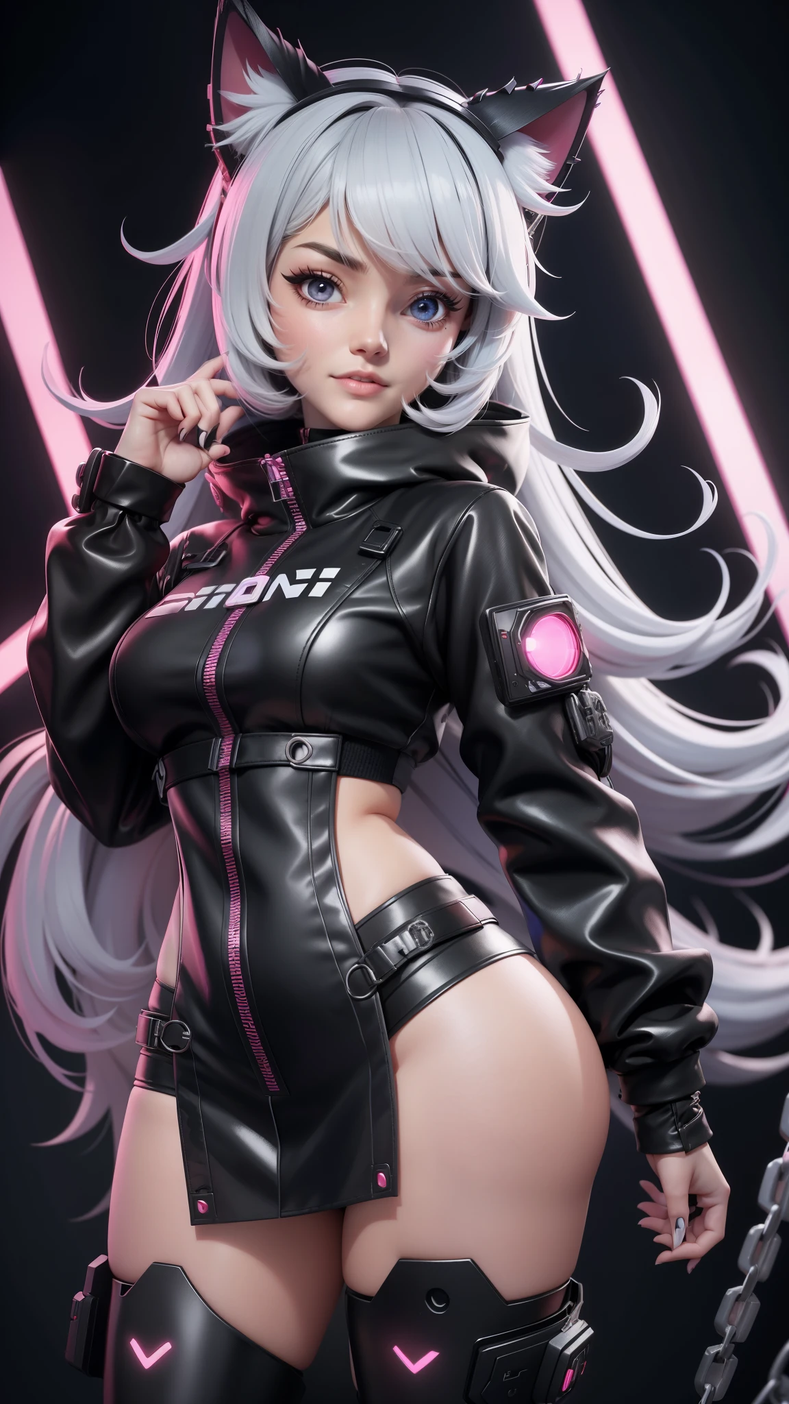 a girl in a black and white outfit with a cat ears and a chain around her, seductive anime girl, cyberpunk anime girl, anime cyberpunk art, female cyberpunk anime girl, female anime character, beautiful alluring anime girl, female action anime girl, with red glowing eyes, demon anime girl, anime girl, from arknights, beautiful anime catgirl, anime girl